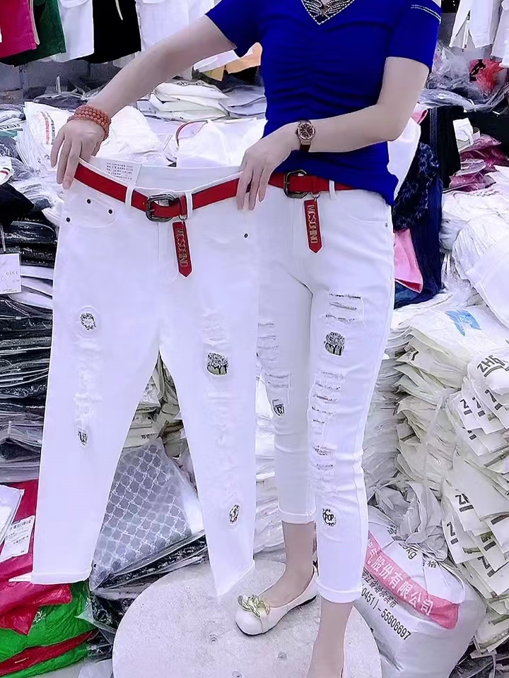 潮流牛仔破洞拉丝小脚裤时尚显瘦纯色小白裤2024年百搭洋气乞丐裤