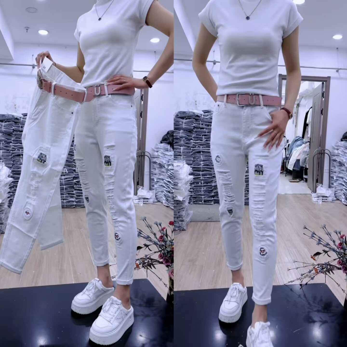 白色高腰显瘦破洞九分牛仔裤女