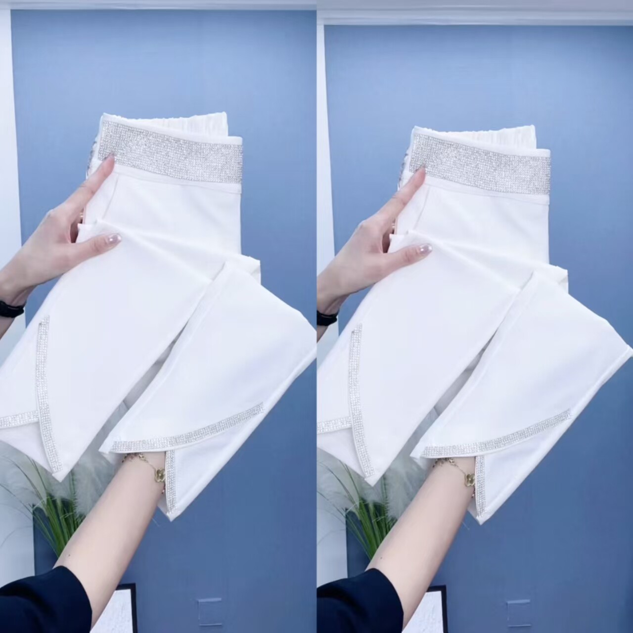 高腰烫钻显瘦小脚休闲女裤
