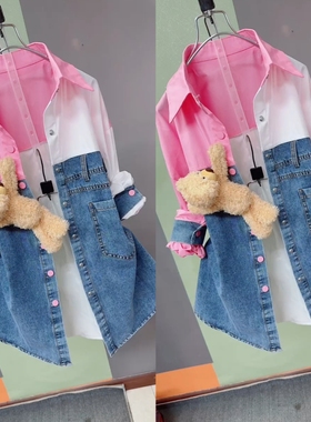 时尚牛仔拼接衬衫外套女宽松显瘦百搭休闲上衣可拆卸玩偶2025秋季