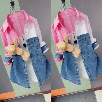 可拆卸玩偶时尚牛仔拼接衬衫外套