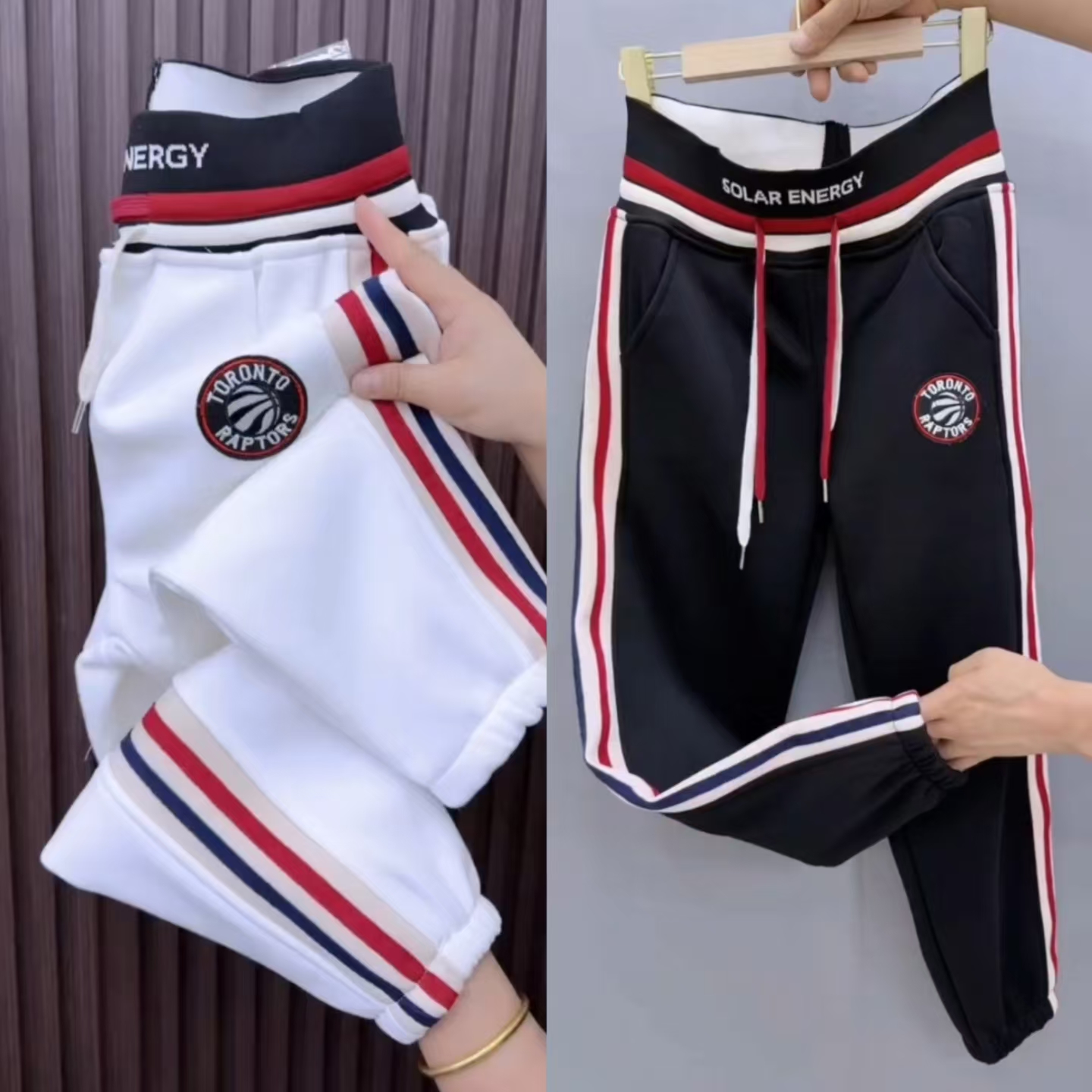 加绒卫裤女松紧腰撞色束脚休闲裤