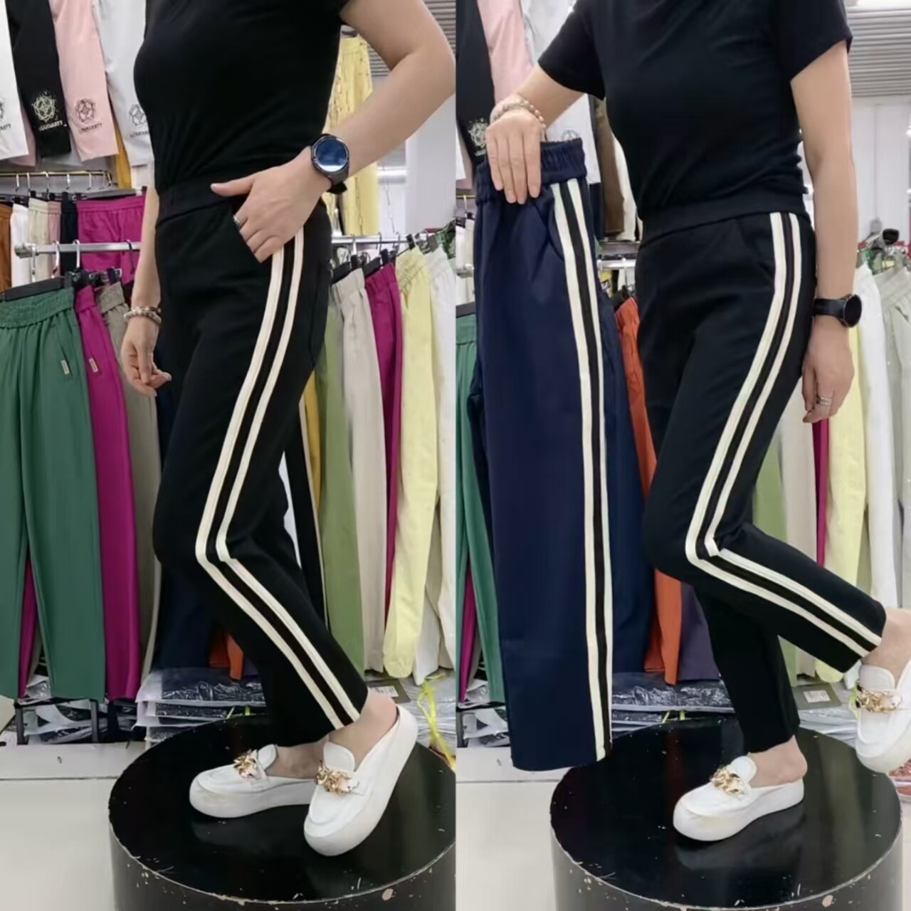 条纹高腰小脚九分显瘦休闲裤女