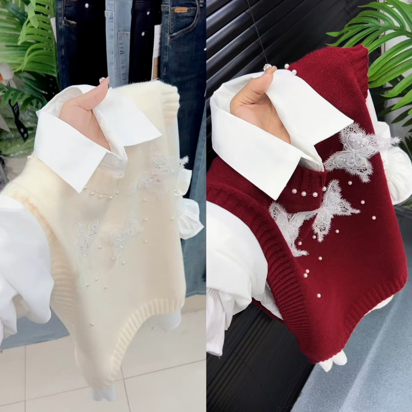 蝴蝶结钉珠针织马甲+衬衫两件套