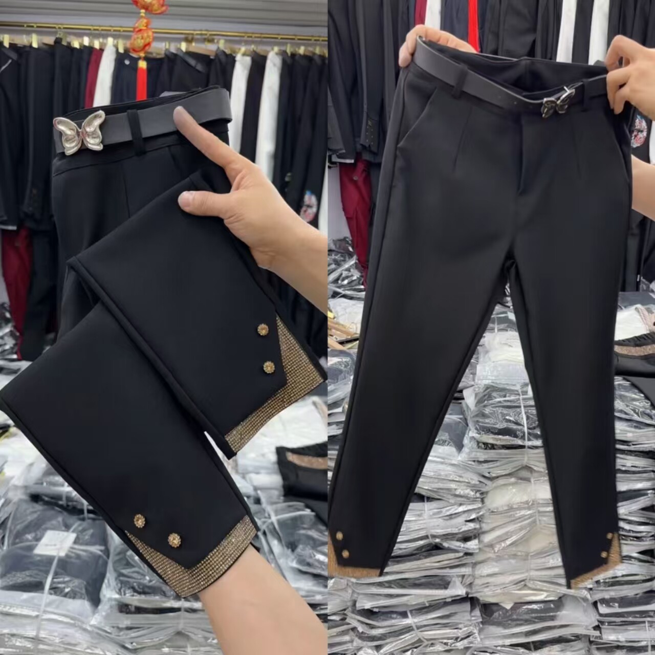 重工烫钻高腰显瘦直筒九分小西裤
