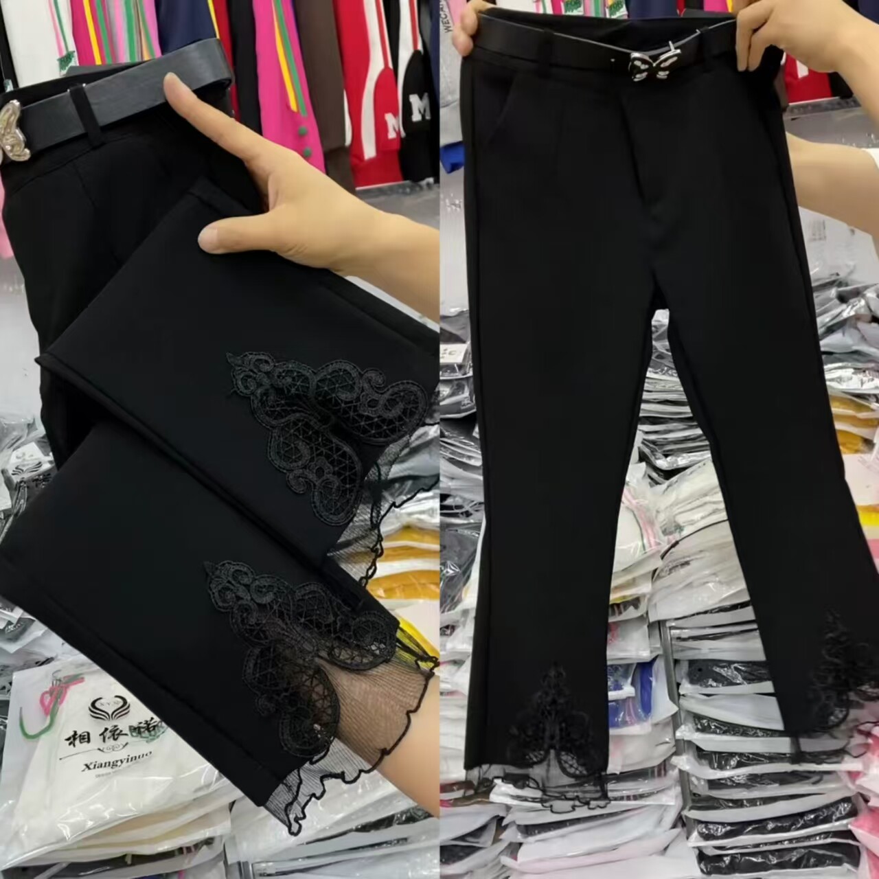 高腰弹力八分微喇裤女蕾丝拼接
