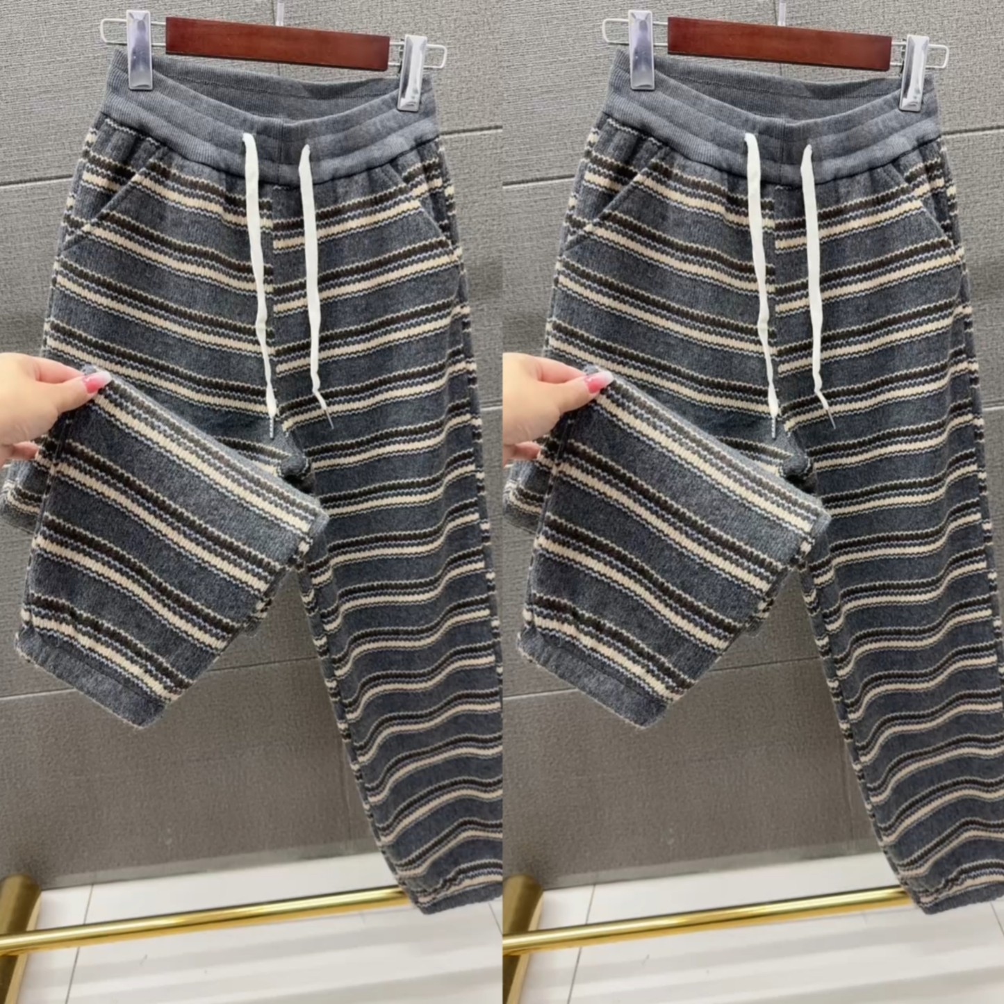 加绒加厚条纹休闲裤女2026秋冬宽松显瘦松紧腰束脚直筒阔腿九分裤
