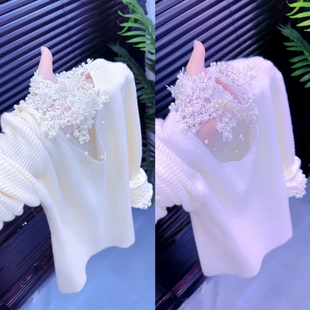 时尚设计感钉珠针织衫洋气蕾丝拼接重工花朵毛衣2025年秋冬上衣