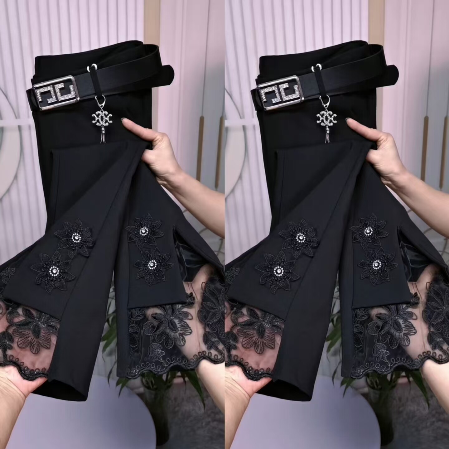 高腰蕾丝拼接显瘦微喇九分女裤
