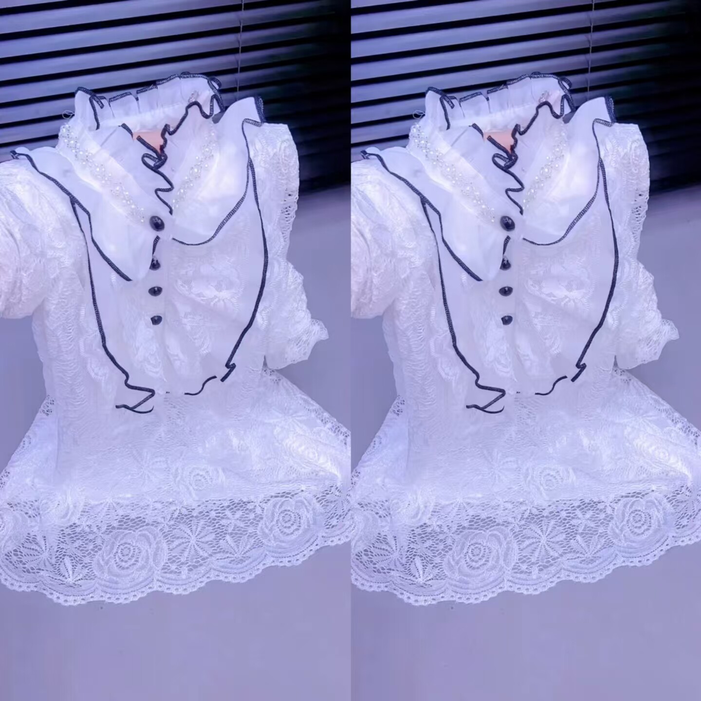 法式重工钉珠立领显瘦蕾丝衫