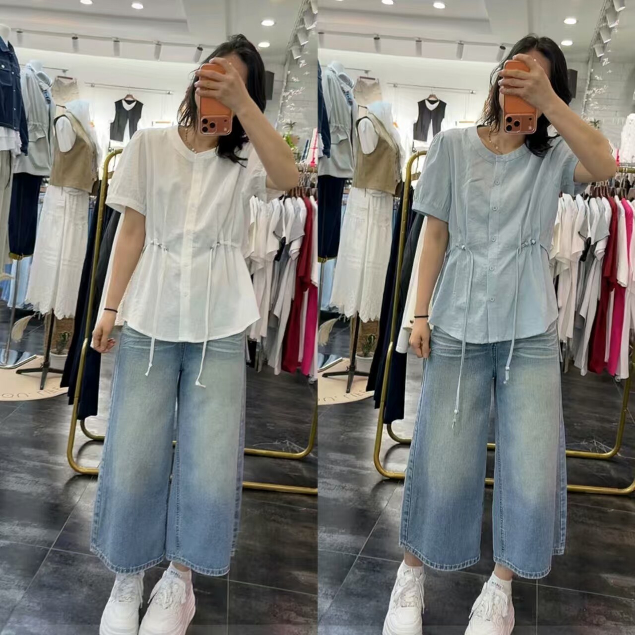 夏季新品女装短袖抽绳显瘦衬衫