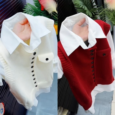 春新软糯针织马甲开衫衬衫两件套