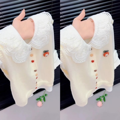 甜美娃娃领彩扣针织马甲两件套