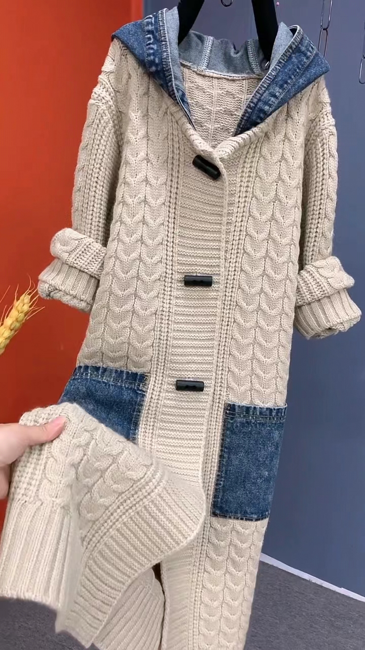 牛仔中长假两件针织百搭风外套