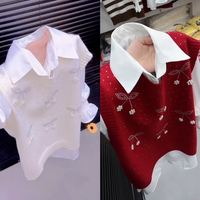 学院风樱桃钉珠针织马甲衬衫两件