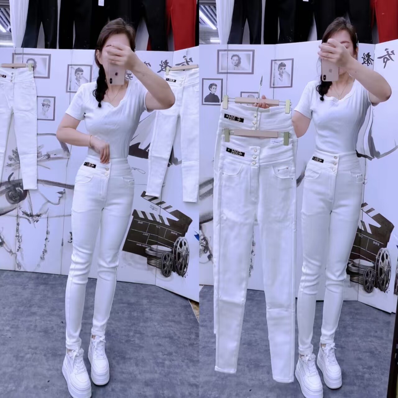 白色高腰弹力显瘦小脚牛仔裤女