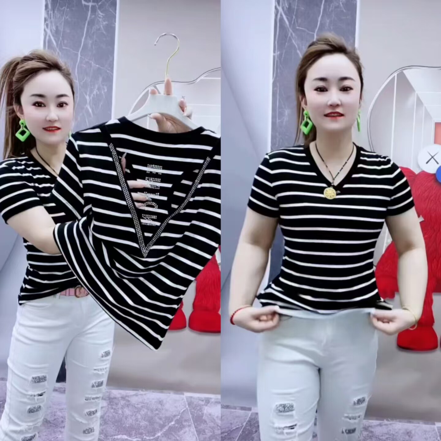 V领黑白条纹短袖显瘦美背T恤女