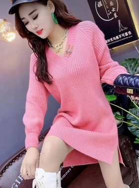 欧货V领连衣裙亮丝针织毛衣裙女2025秋季新款百搭洋气中长裙显瘦