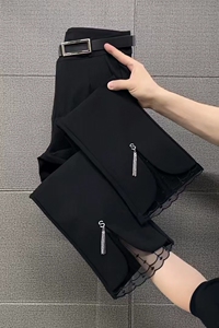 南韩四面弹力微喇裤高腰显高显瘦蕾丝边小西裤2024年洋气百搭裤子