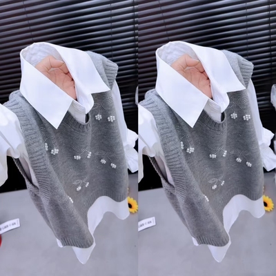 学院风针织马甲+衬衫珍珠樱桃钉