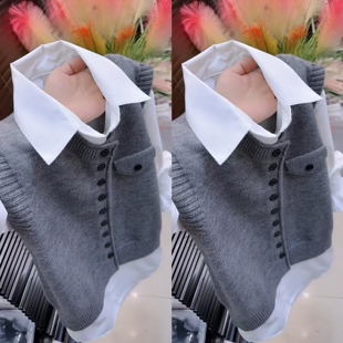 糖果色针织马甲+衬衫两件套新款圆领纽扣毛衣背心叠穿打底衫2026