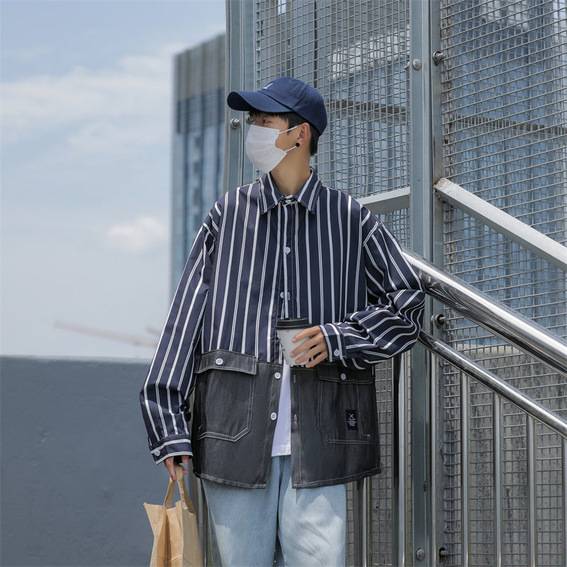 秋装男装条纹拼接做旧长袖衬衫 C208P45 藏青图片