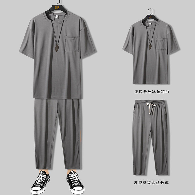 平铺 夏装短袖t恤九分裤波浪条纹冰丝套装男休闲套装 TZ28P65图片