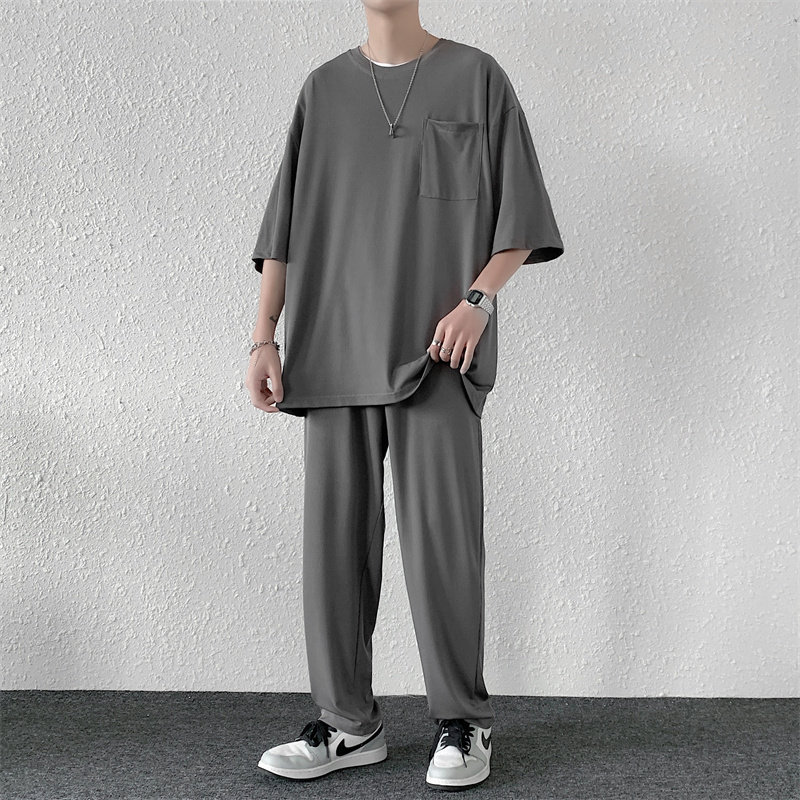 夏装短袖t恤九分裤波浪条纹冰丝套装男休闲套装TZ28P65深灰合,男装T恤,电商C323