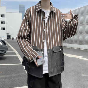 2025春装做旧长袖衬衫男条纹宽松休闲衬衣多口袋 C208P45图片