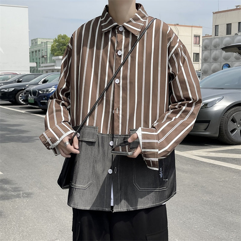 2025秋季做旧条纹撞色拼接长袖衬衫男潮流衬衣C208P45,男装衬衫,电商C323