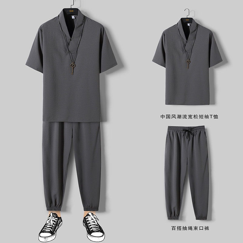 2022风盘扣短袖t恤九分裤冰丝套装男大码休闲套装 TZ19P65图片
