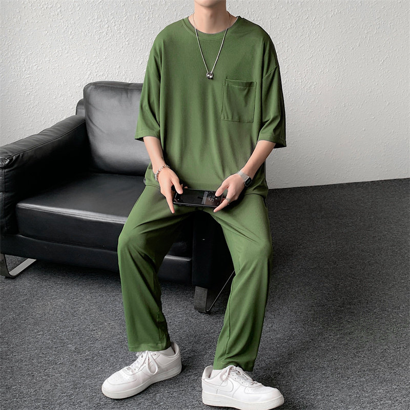夏装短袖t恤九分裤波浪条纹冰丝套装男休闲套装TZ28P65深灰,男装T恤,电商C323