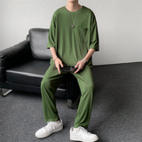夏装短袖t恤九分裤波浪条纹冰丝套装男休闲套装TZ28P65深灰，男装T恤，电商C323
