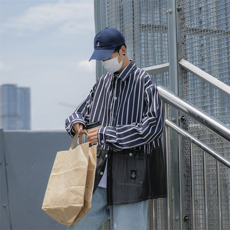 春季做旧长袖衬衫男条纹宽松休闲衬衣多口袋C208P45,男装衬衫,电商C323