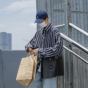 春季做旧长袖衬衫男条纹宽松休闲衬衣多口袋 C208P45图片