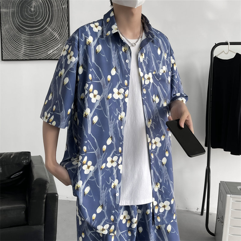 夏装原创花朵印花短裤短袖衬衫休闲套装沙滩裤两件套TZ27P60,男装牛仔裤,电商C323