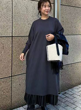 日系外单 大尺码女士圆领套头针织长款连衣裙过膝宽松裙子24074