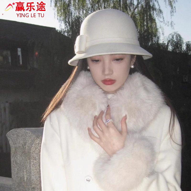 春天帽子女圆顶帽女款蝴蝶结毛呢帽礼帽英伦复古盆帽钟形帽英伦风