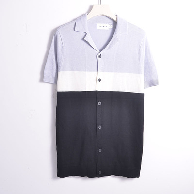 英伦外贸男女同款翻领古巴领纽扣针织开衫拼色休闲百搭短袖24109