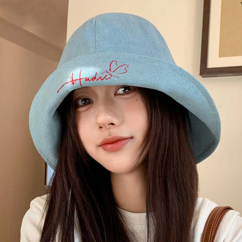 日系字母翻边做旧牛仔渔夫帽春夏女大檐帽遮阳帽显脸小时尚防晒帽