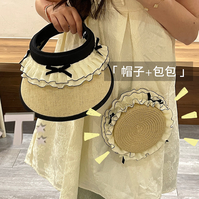 新款蕾丝蝴蝶结空顶防晒帽女夏季大檐黑胶户外骑车防紫外线遮阳帽