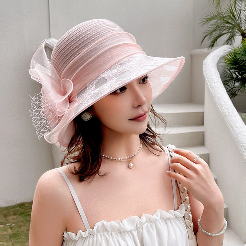 新款帽子女夏季时尚百搭复古欧根纱小沿欧美风防晒帽显脸小遮阳帽
