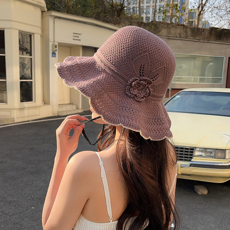 夏季户外洋气遮阳帽子女防晒渔夫帽女韩版波浪大檐针织透气盆帽潮