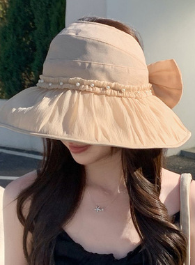夏季防晒帽子女日系甜美百搭蝴蝶结渔夫帽夏季海边沙滩空顶遮阳帽