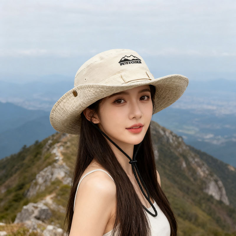 山系抽绳防晒渔夫帽棉质透气徒步登山帽子男款露营钓鱼工装遮阳帽