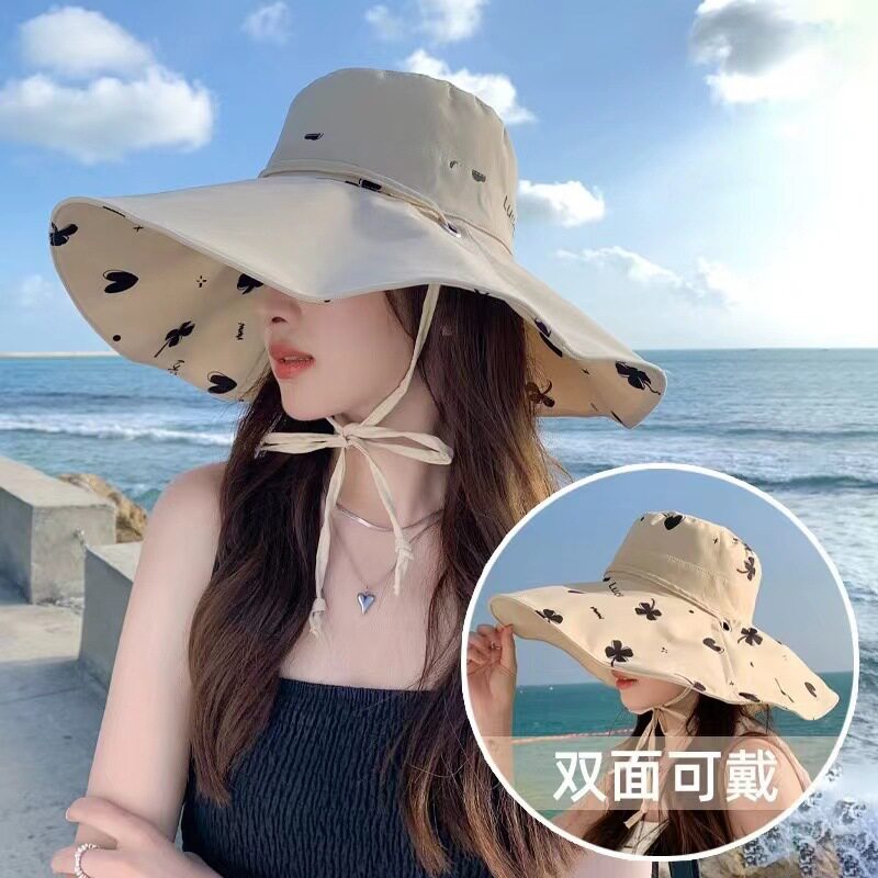 新款双面印花大沿渔夫帽盆帽四叶草夏天遮阳防晒帽户外出游沙滩帽