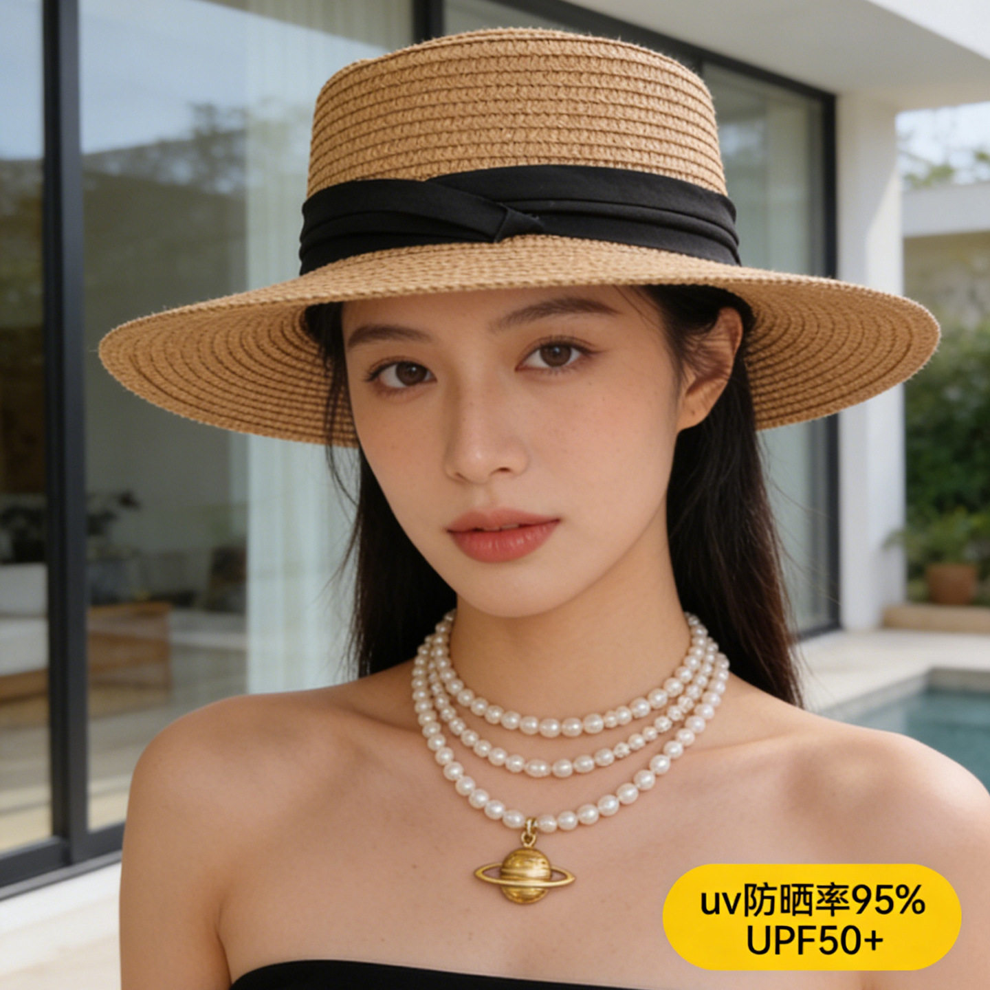 2026新款法式平顶草帽女夏季遮阳防晒帽海边沙滩礼帽草编太阳帽子