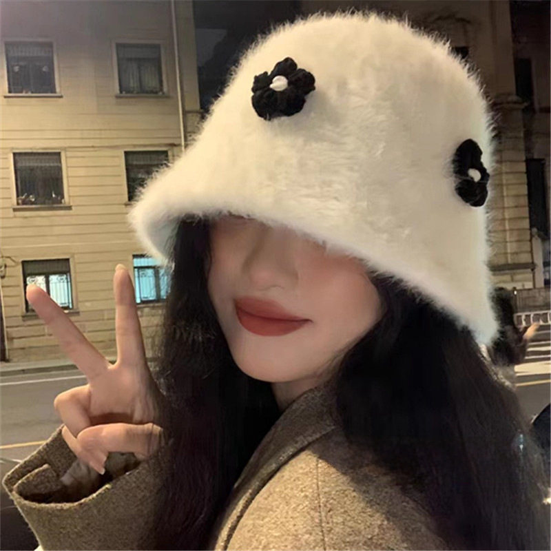 新款日系文艺花朵渔夫帽子女秋冬季韩系时尚加厚保暖护耳毛绒盆帽