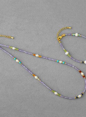 夏季爆款淡水珍珠项链新中式气质清新紫色串珠淡水珍珠手链锁骨链