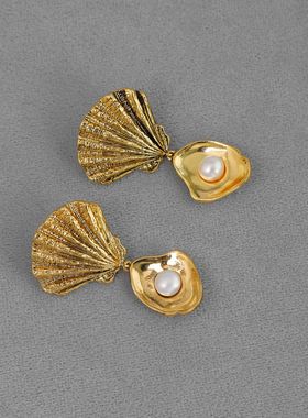 GOOS家贝壳系列扇贝耳钉法式复古中古风轻奢小众淡水珍珠贝壳耳钉